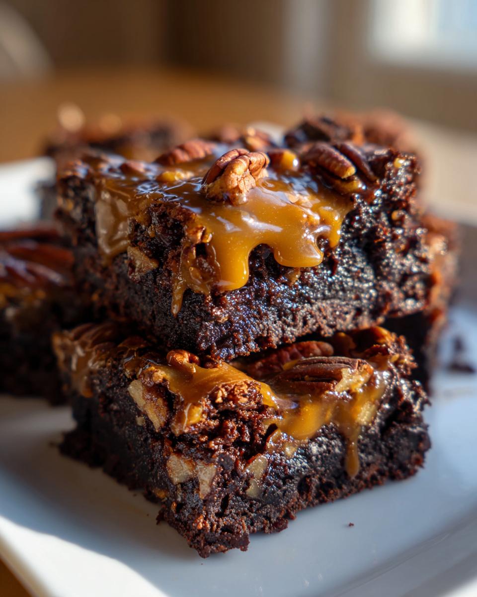 Close-up of rich, fudgy turtle brownies stacked, topped with dripping caramel sauce and whole pecans.