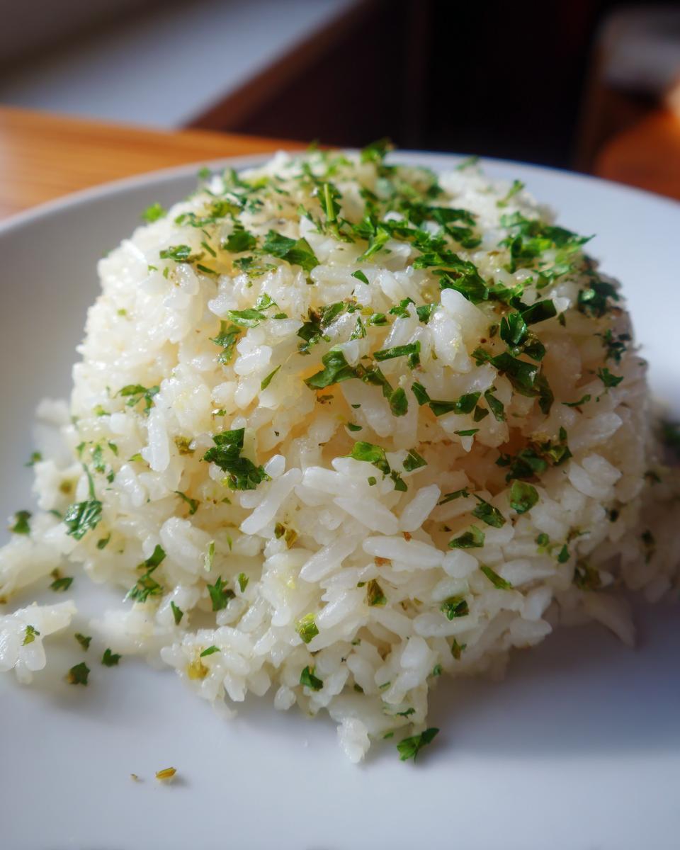 A close-up of fluffy white garlic butter rice molded into a mound and topped generously with chopped fresh parsley.