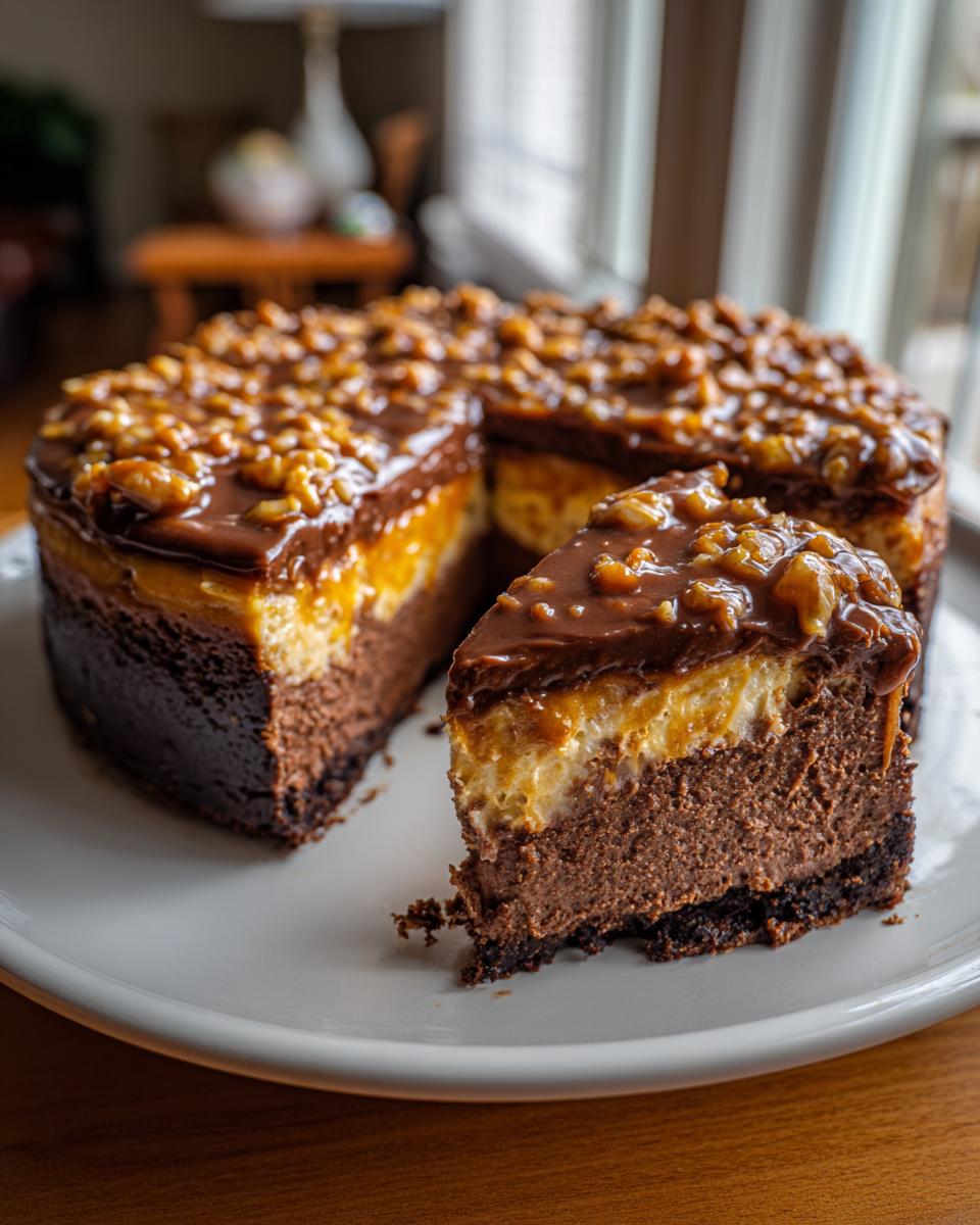 A decadent slice of german chocolate cheesecake with chocolate, caramel, and pecan topping, sitting next to the main cake.