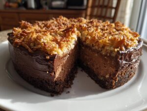 A rich, decadent german chocolate cheesecake with a thick chocolate layer and toasted coconut topping, served on a white plate.