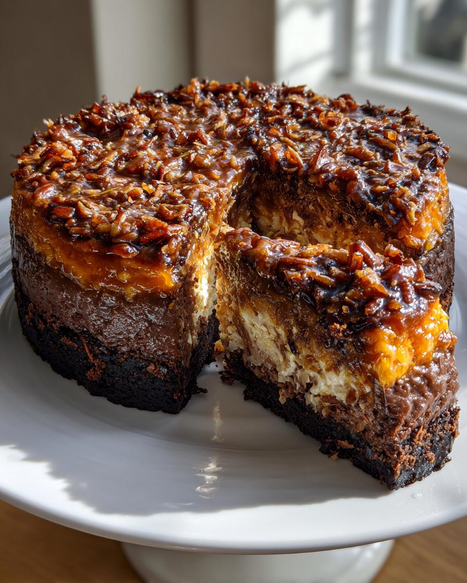A decadent german chocolate cheesecake with a slice removed, showing layers of dark crust, creamy filling, and coconut-pecan topping.