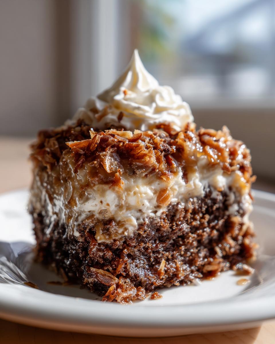 A close-up of a slice of moist german chocolate poke cake topped with creamy frosting and toasted coconut.