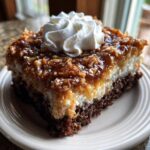 Close-up of a rich slice of german chocolate poke cake showing chocolate base, white filling, and coconut pecan topping with whipped cream.