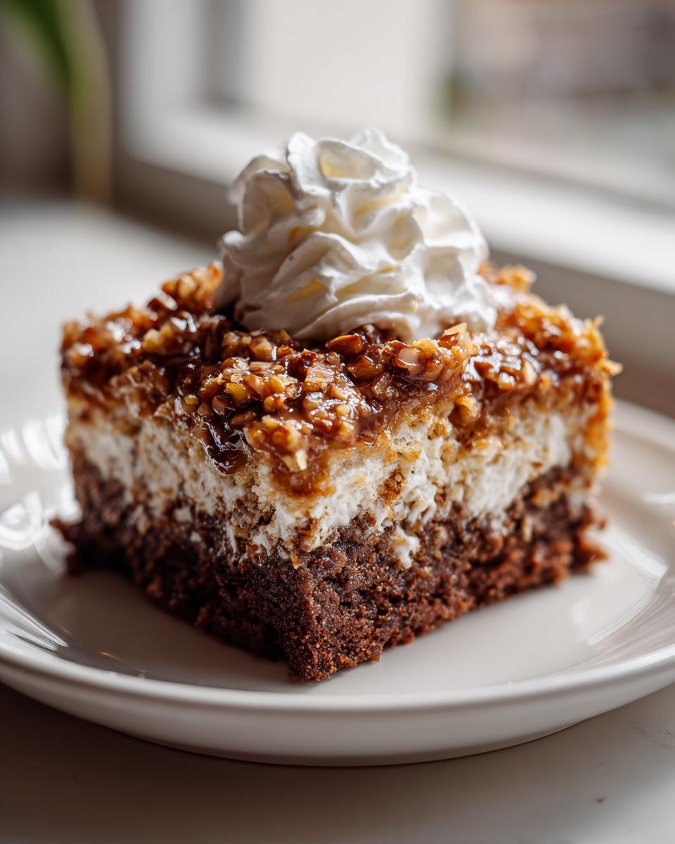 A decadent slice of german chocolate poke cake featuring a chocolate base, white filling, pecan topping, and whipped cream.