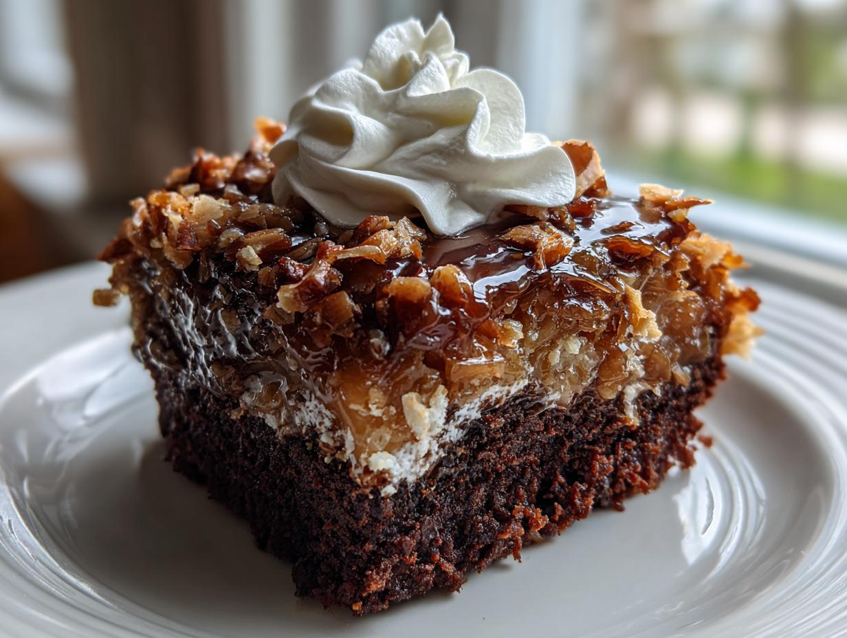 Close-up of a rich slice of german chocolate poke cake featuring a dark chocolate base, gooey coconut-pecan topping, and whipped cream.