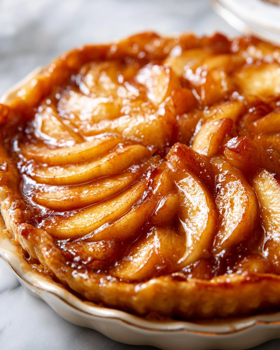 Close-up of a baked tart featuring beautifully arranged, glazed apple pie filling slices.