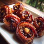 Close-up of sticky, caramelized bacon-wrapped dates, each stuffed with a visible nut, served on a white platter.