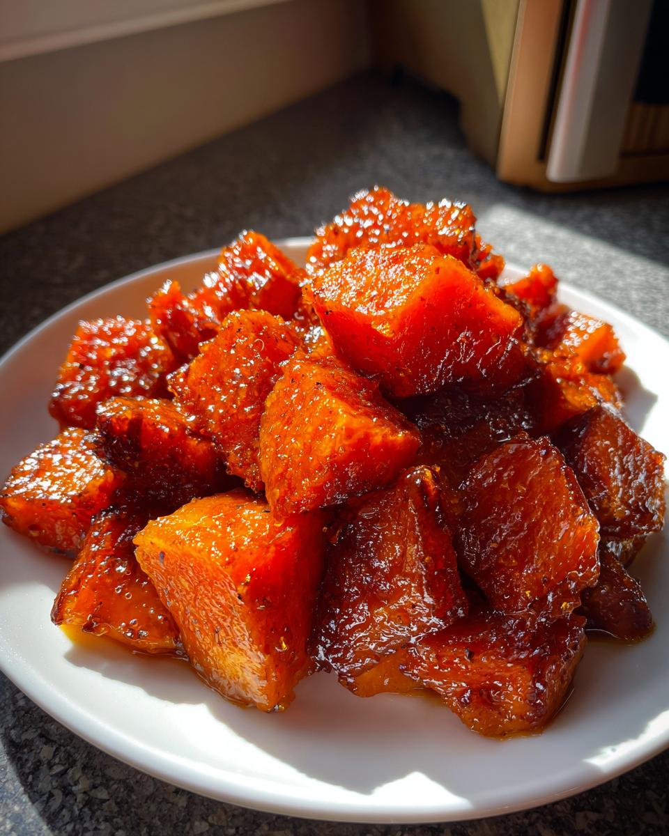 Close-up of glistening, caramelized cubes of candied yams piled high on a white plate.