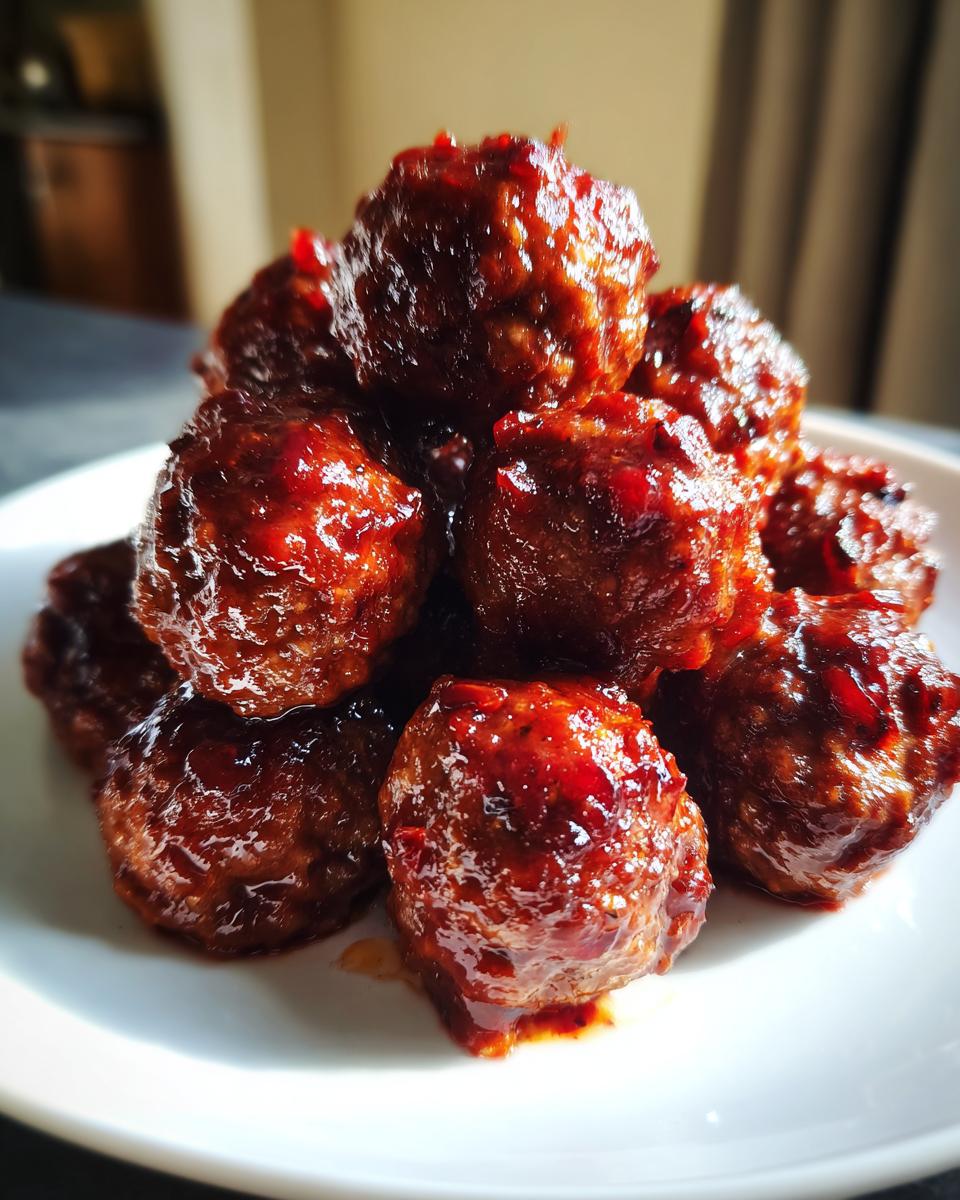 A close-up stack of shiny, glazed cranberry meatballs piled high on a white serving plate.