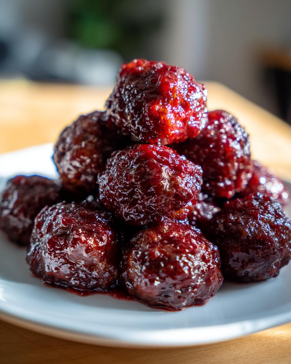 A close-up stack of glossy, dark red cranberry meatballs piled high on a white plate.