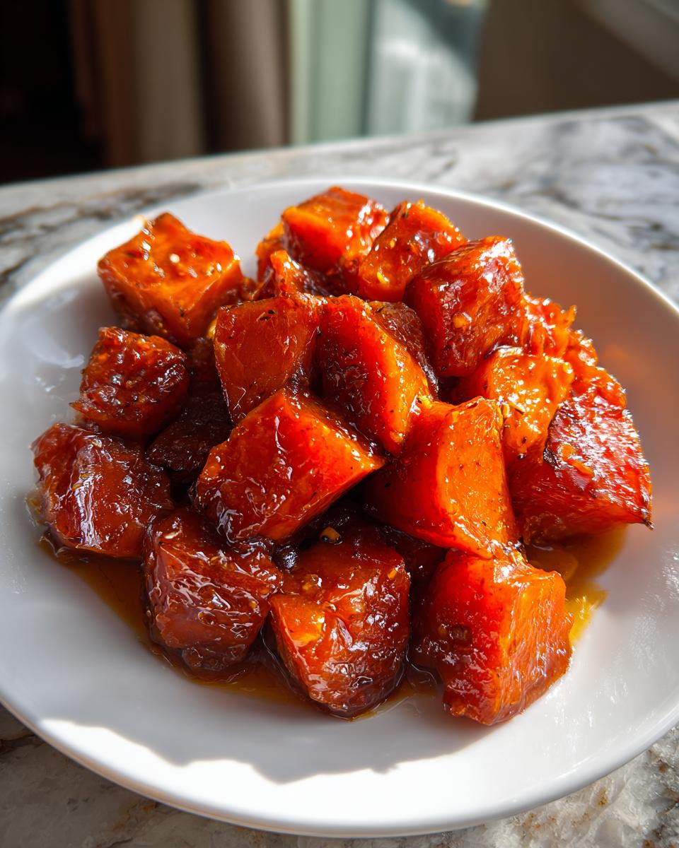 A close-up of glistening, cubed candied yams coated in a rich, dark syrup served on a white plate.