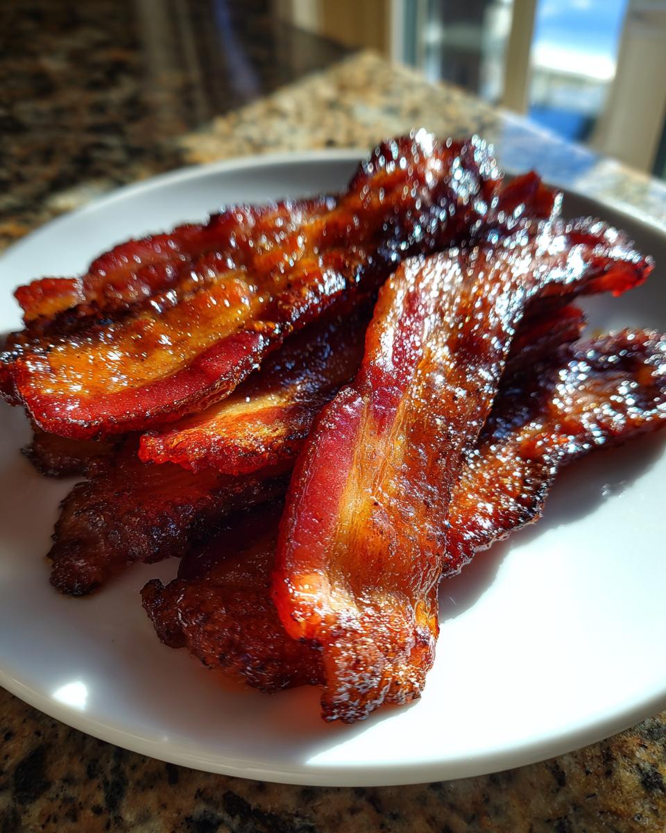 Close-up of several shiny, caramelized strips of Millionaire bacon piled on a white plate.