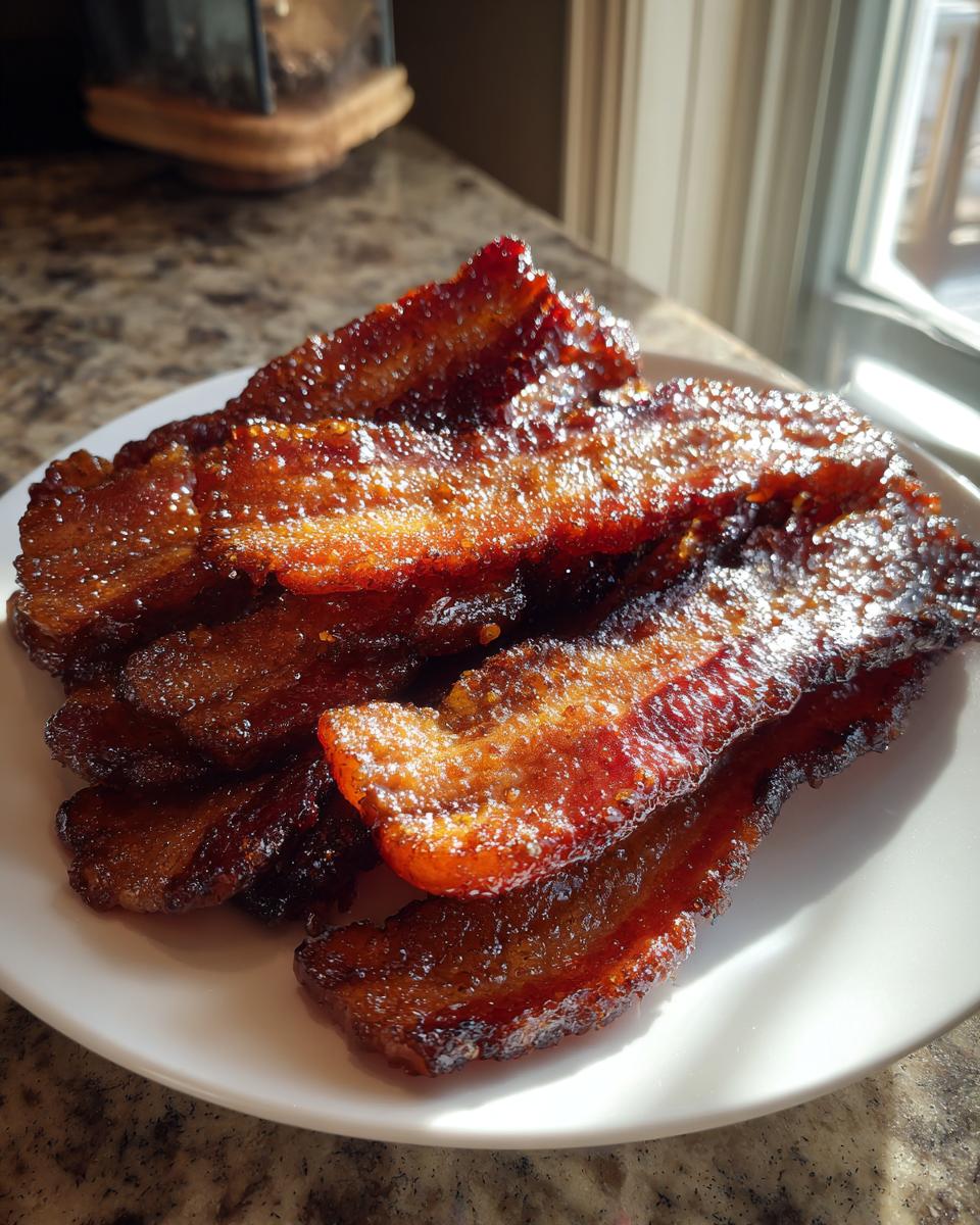 A stack of shiny, caramelized Millionaire bacon slices piled high on a white plate, catching the sunlight.