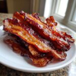 Close-up of several crispy, glazed strips of Millionaire bacon piled on a small white plate.