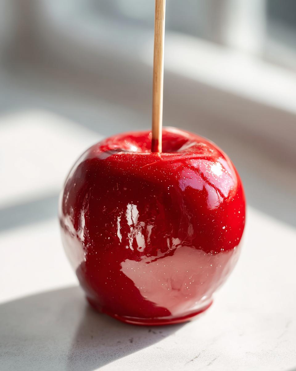 A single, perfectly coated, glossy red candy apple with a wooden stick inserted, sitting on a bright surface.