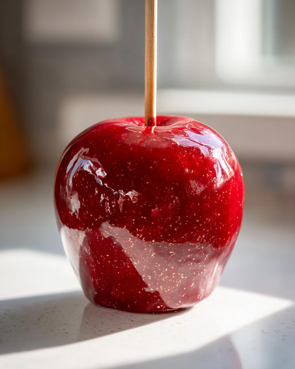 A close-up of a single, perfectly coated, glossy red candy apples resting on a light surface.
