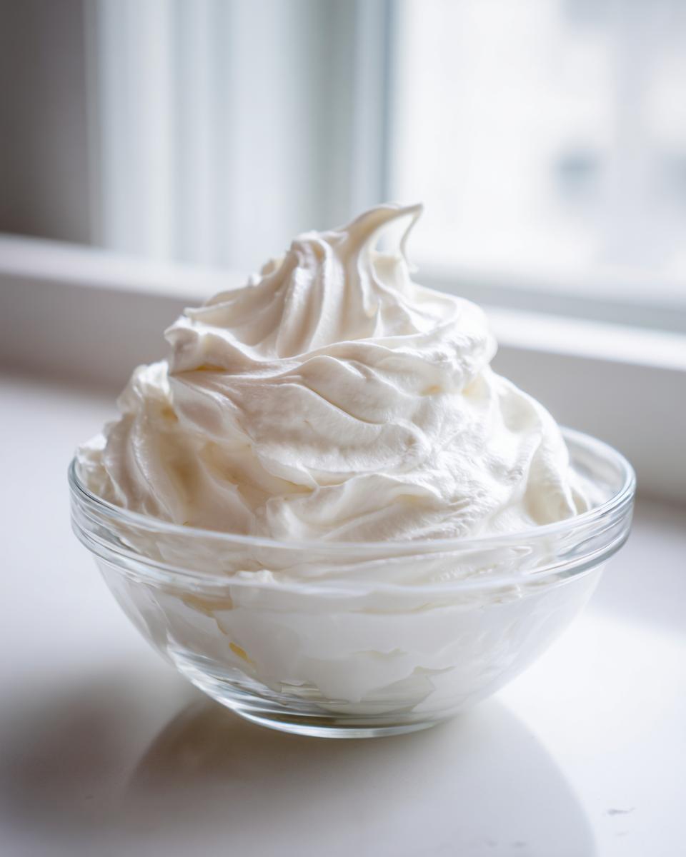 A clear glass bowl filled with perfectly piped, glossy white royal icing recipe mixture, set against a bright, soft background.