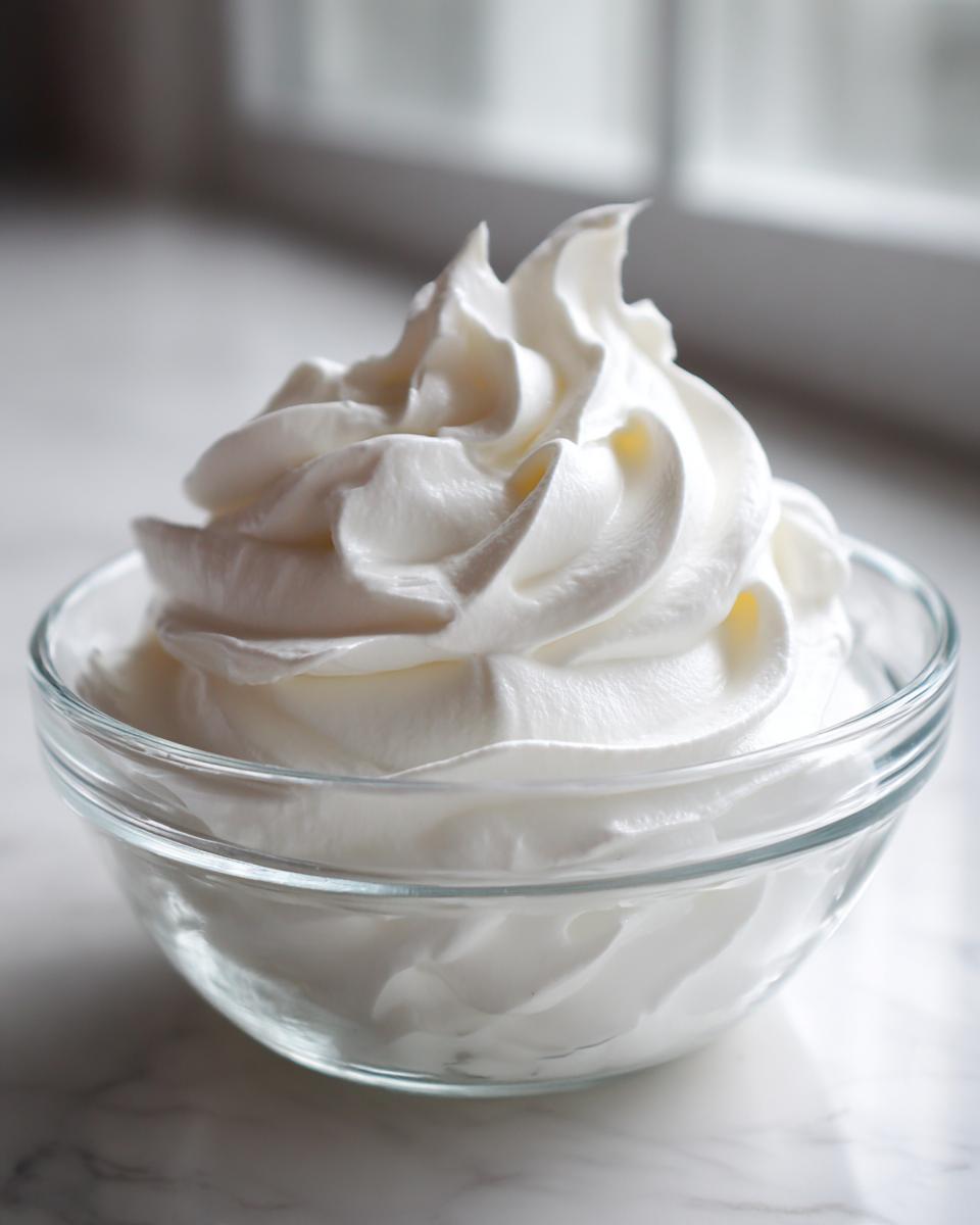 A close-up of stiff, glossy white icing, similar to royal icing recipe consistency, piped into a swirl in a clear glass bowl.