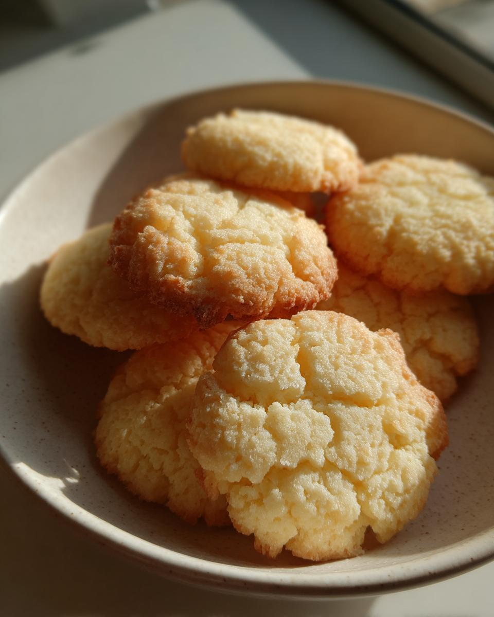 A close-up of several golden, textured 3-ingredient butter cookies stacked in a light-colored bowl.