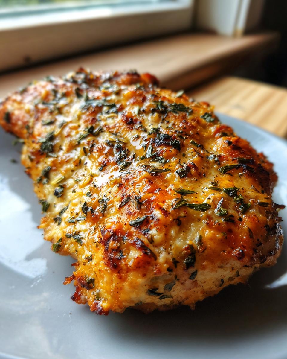 Close-up of a golden brown, seasoned air fryer chicken breast topped with dried herbs.