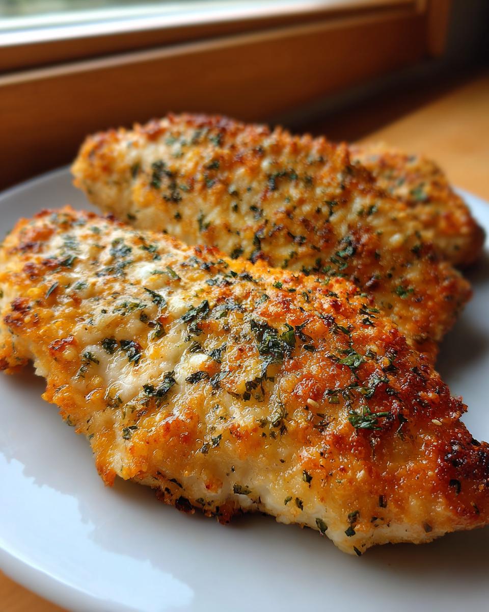 Close-up of two golden, crispy air fryer chicken breasts seasoned with herbs on a white plate.