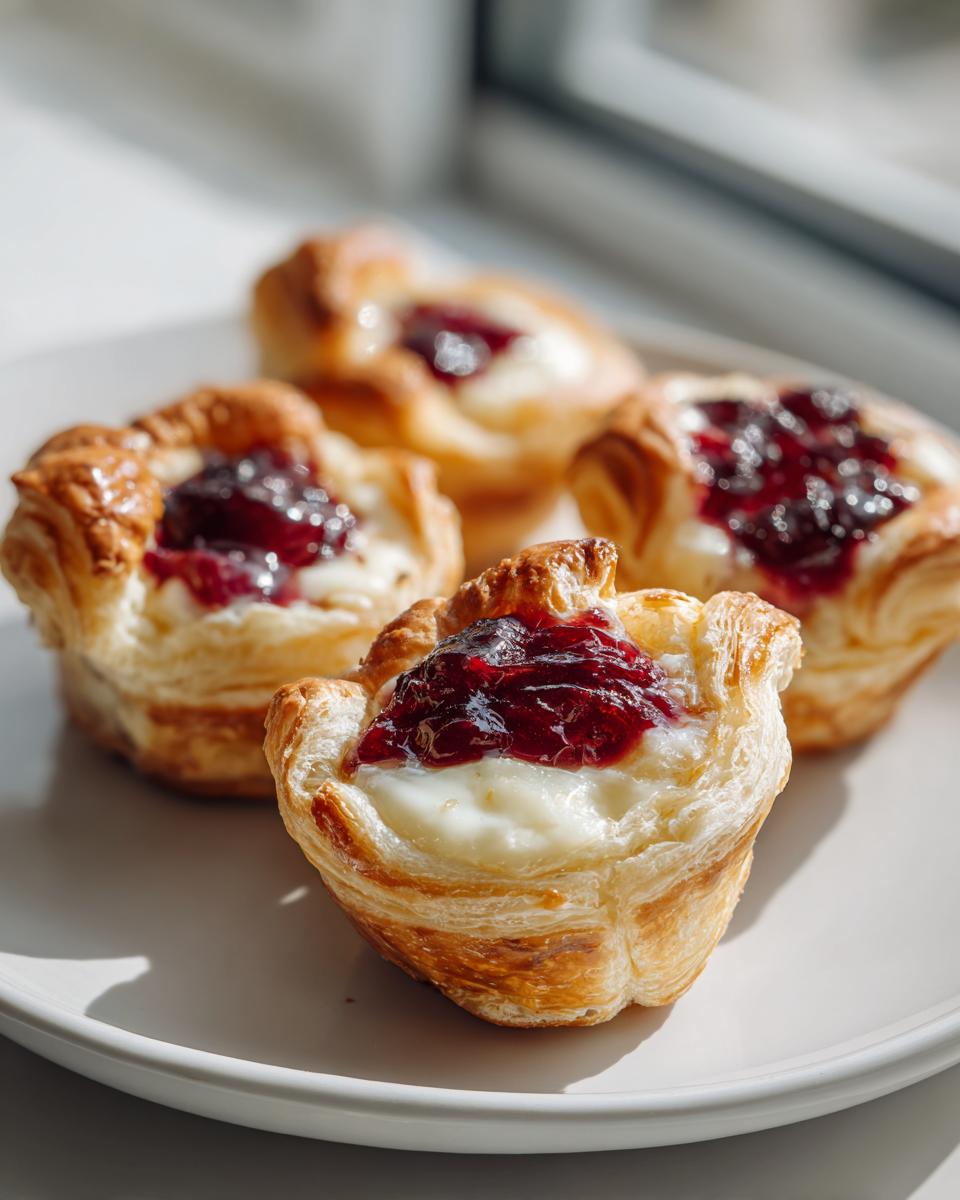 Close-up of flaky pastry cups filled with melted brie and topped with bright red jam, perfect brie bites.
