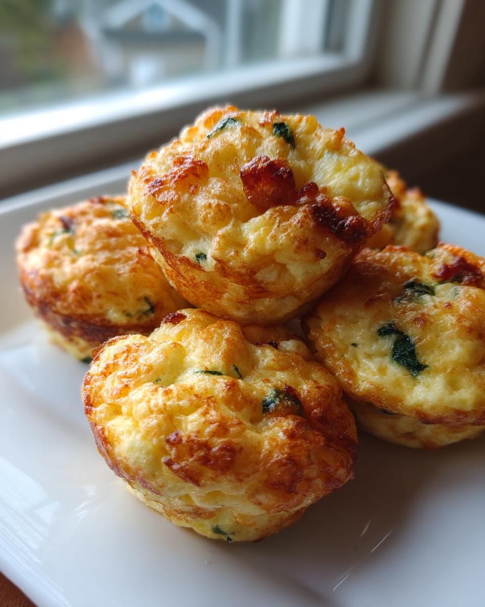 A close-up stack of golden brown, fluffy egg bites with visible bits of bacon and spinach, set against a bright window.