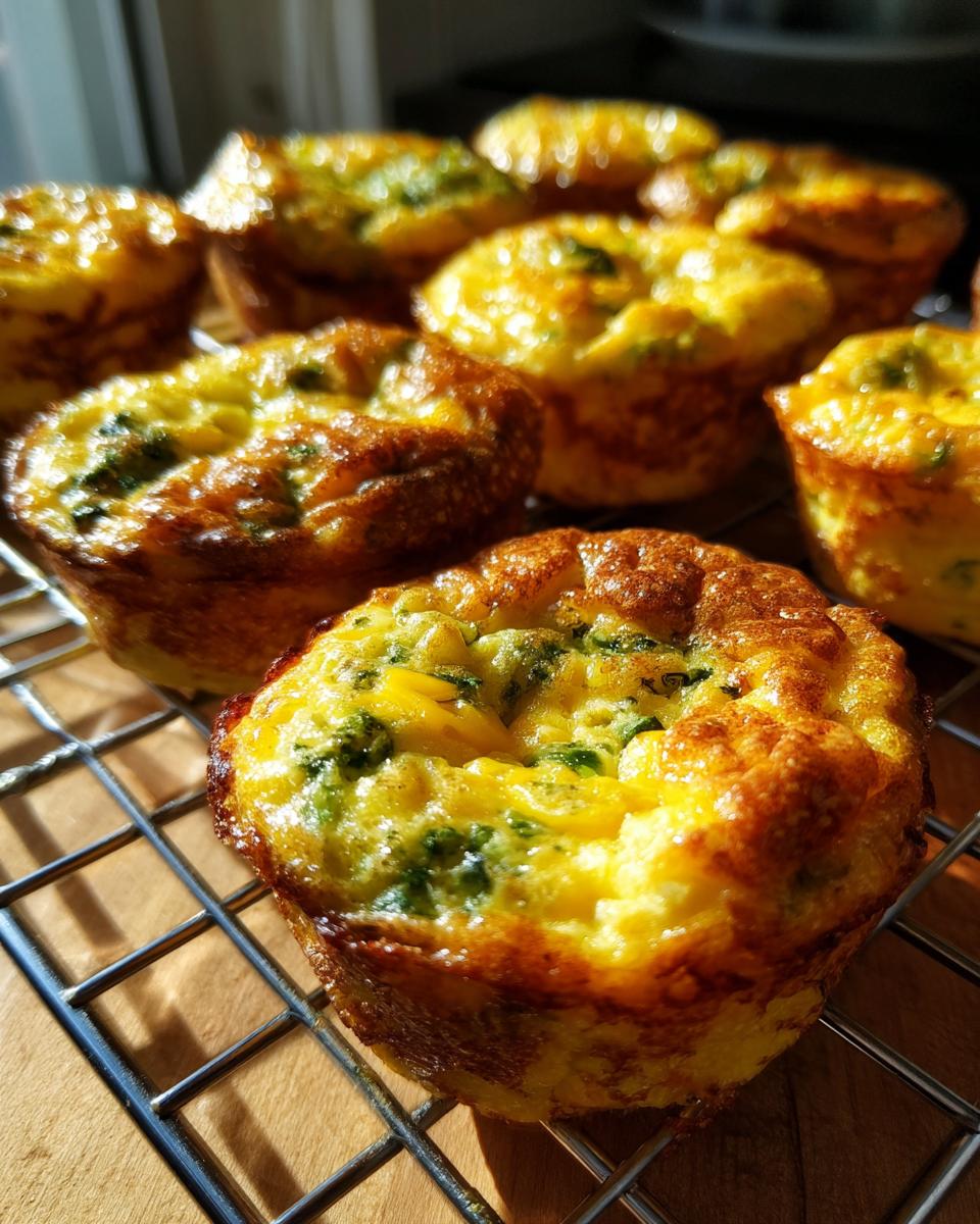 Close-up of several golden brown baked egg muffin cups cooling on a wire rack, showing visible green herbs.