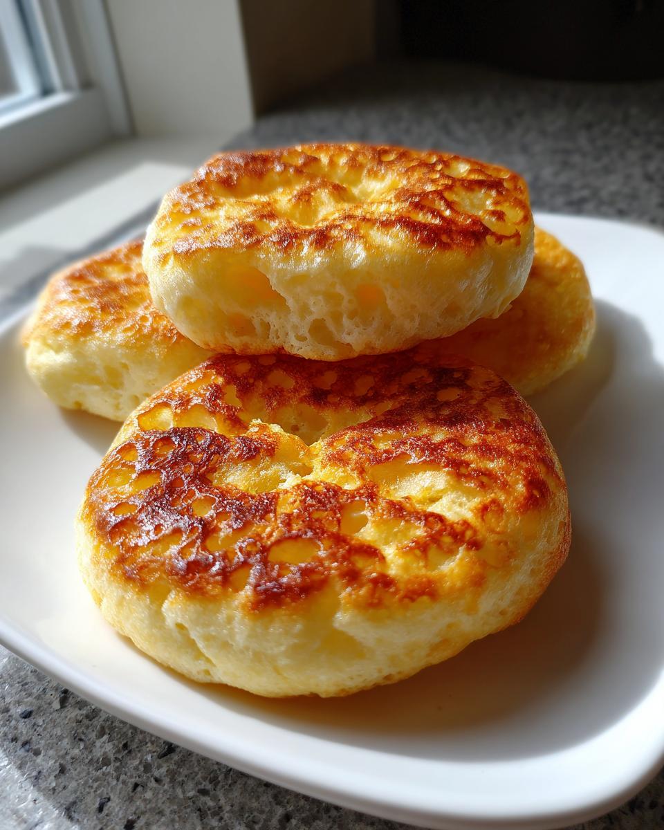 Four golden brown, fluffy cloud bread rounds stacked slightly on a white plate near a window.