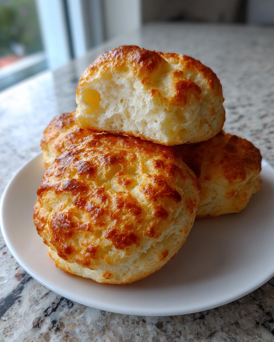 A stack of four golden brown, fluffy cloud bread pieces served on a white plate, one piece broken open to show the airy interior.