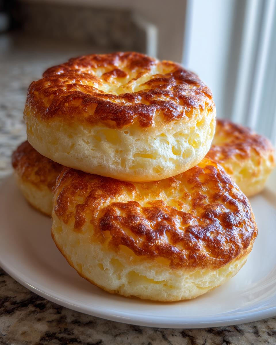 Three golden brown, fluffy rounds of homemade cloud bread stacked on a white plate.