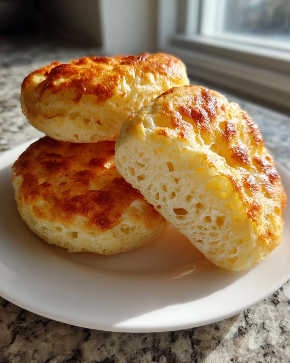 Three fluffy, golden-brown cloud bread portions stacked on a white plate, showing the airy interior texture.
