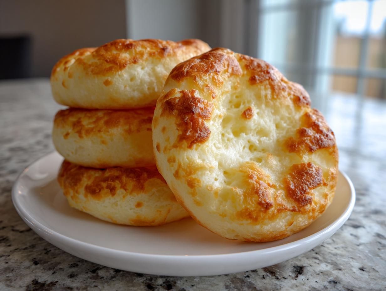 Four golden brown, fluffy pieces of cloud bread stacked on a white plate, ready to eat.