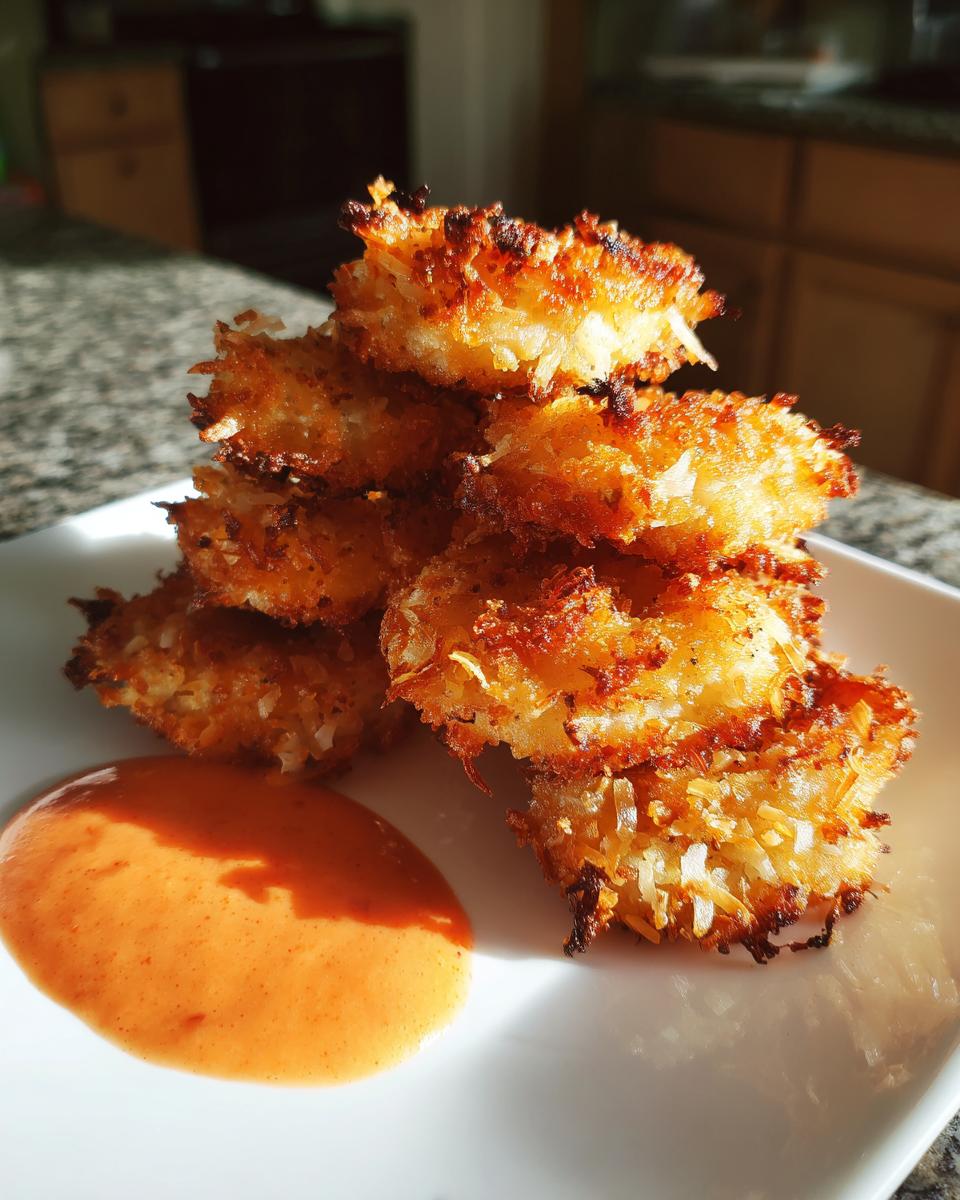 A stack of perfectly fried, golden brown coconut shrimp served on a white plate with a side of orange dipping sauce.