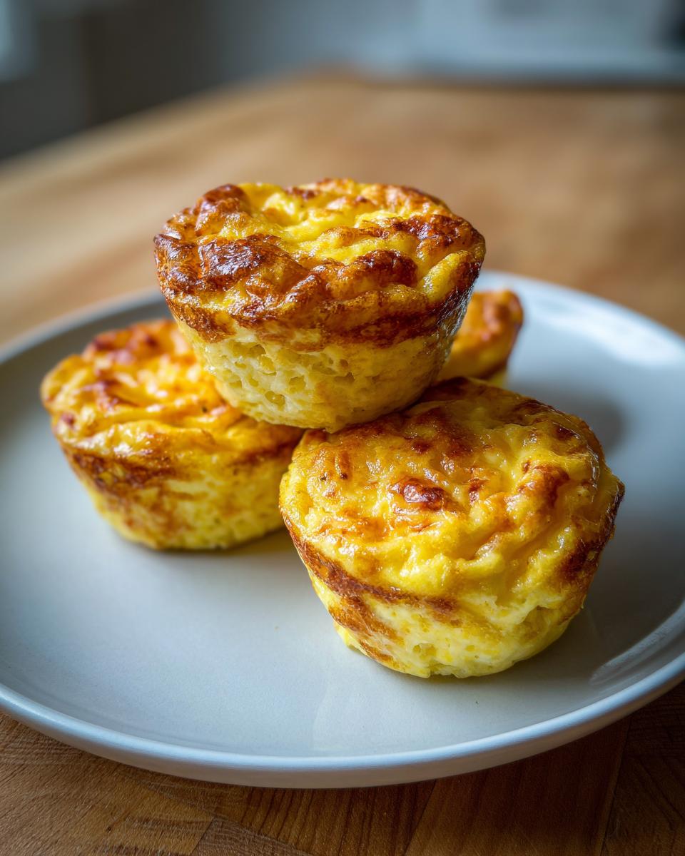 A stack of three golden brown cottage cheese egg cups on a light gray plate, perfect for a Starbucks-inspired breakfast.
