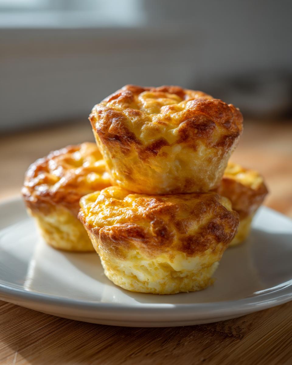 A stack of four golden-brown cottage cheese egg cups on a white plate, perfect for a Starbucks-style breakfast.