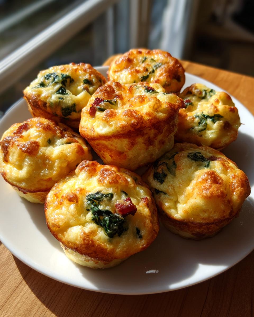 A plate of six golden brown, fluffy egg bites loaded with spinach and bacon, catching the sunlight.