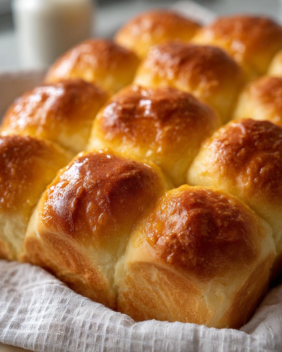 Close-up of freshly baked, soft homemade dinner rolls with a shiny, golden-brown butter glaze.