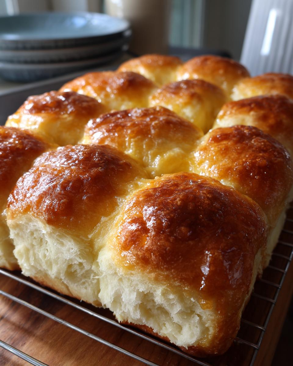 A close-up of freshly baked, glossy homemade dinner rolls cooling on a wire rack.