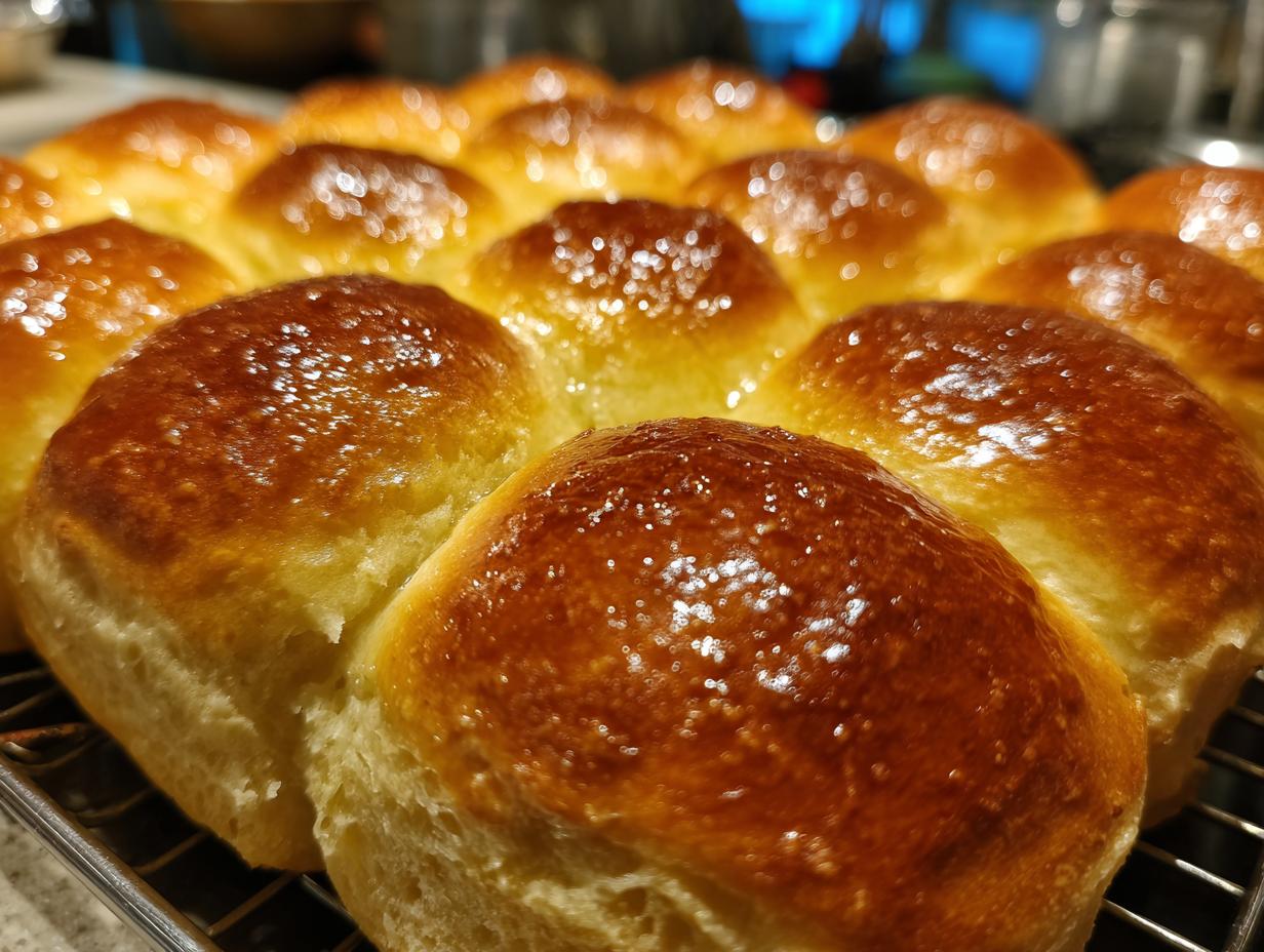 Close-up of freshly baked, glossy Homemade dinner rolls clustered together on a cooling rack.