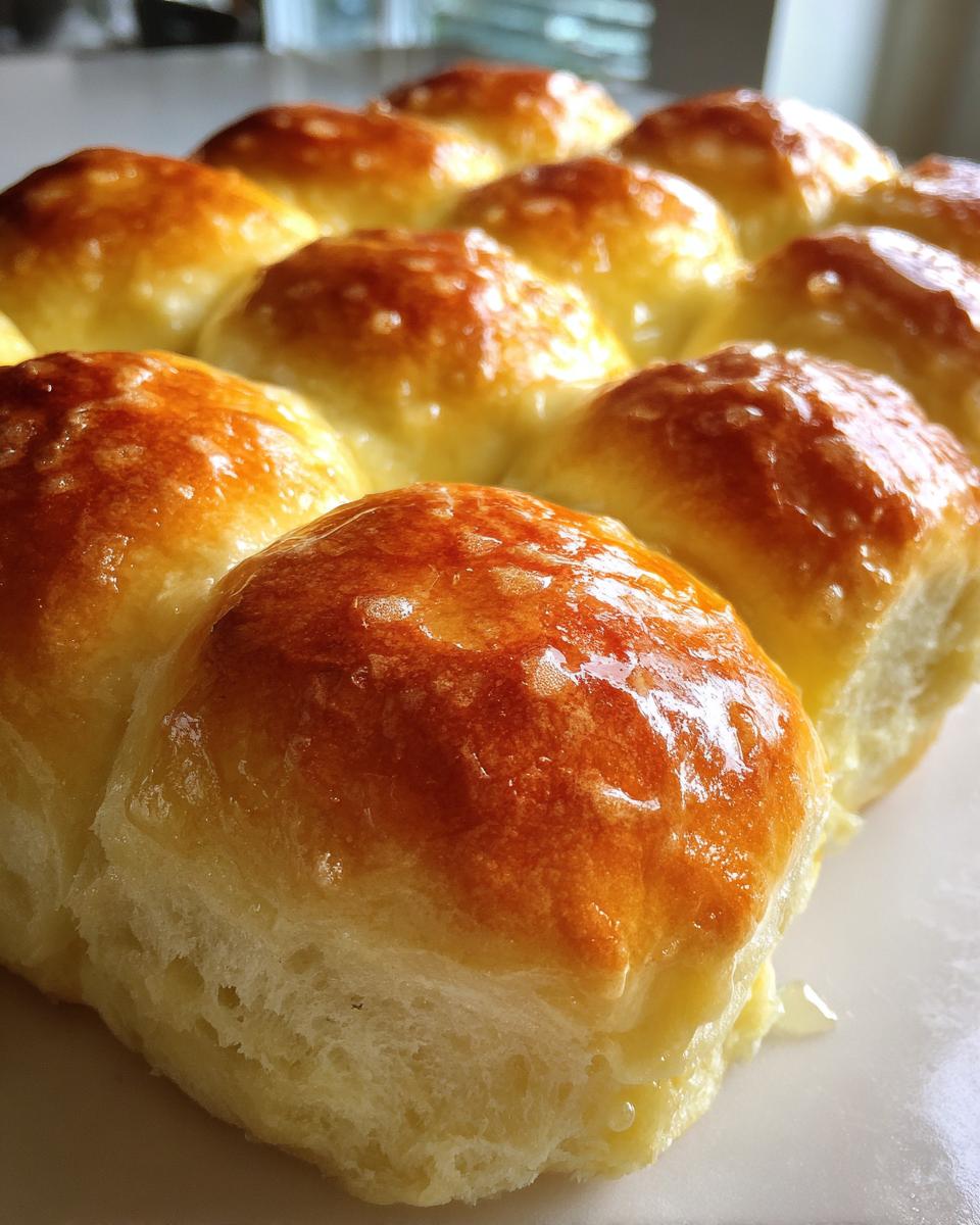 Close-up of freshly baked, golden brown homemade dinner rolls glistening with a buttery glaze.