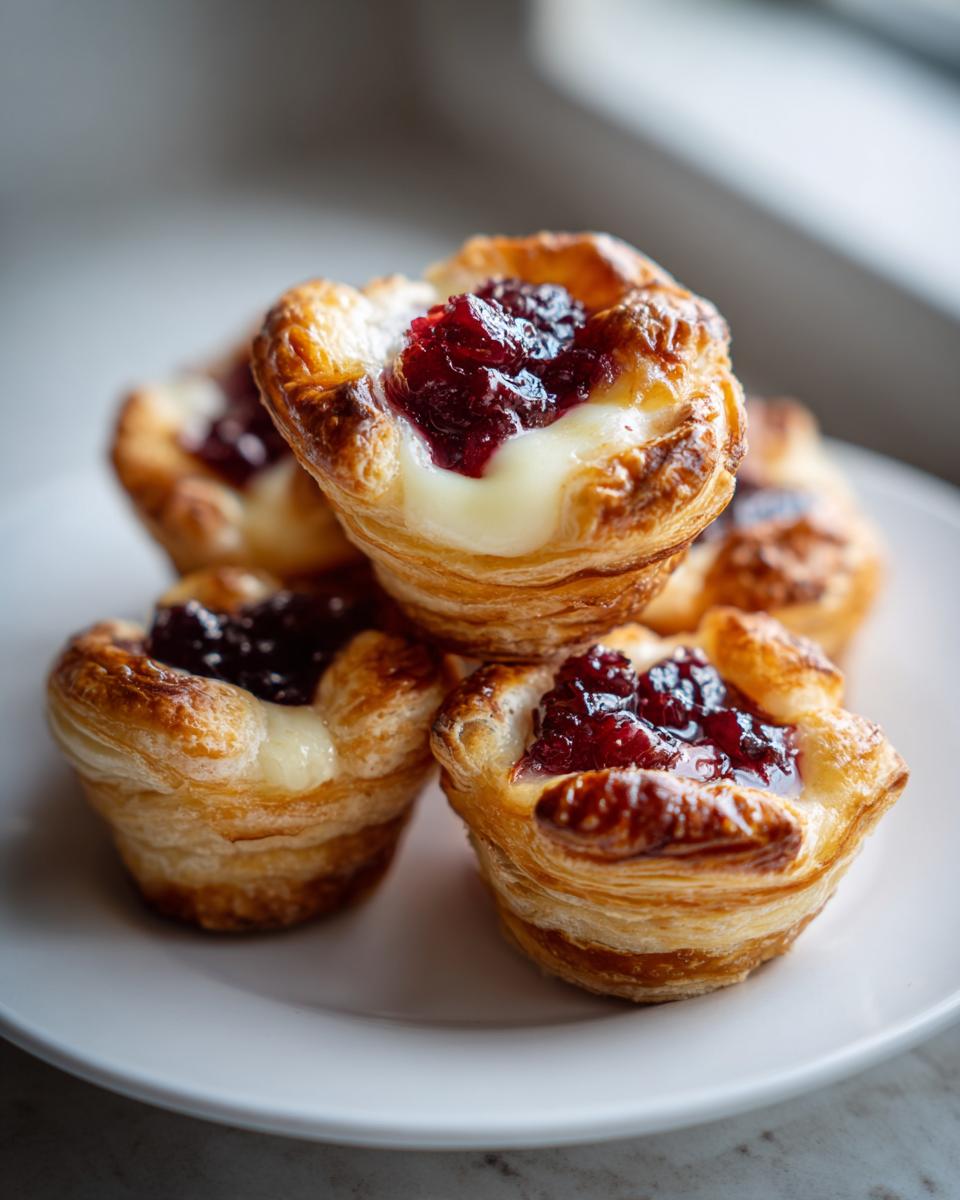 Close-up of golden, flaky puff pastry brie bites topped with melted brie and dark red jam.
