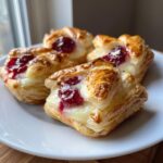 Four golden, flaky puff pastry brie bites topped with melted brie and a dollop of bright red jam.