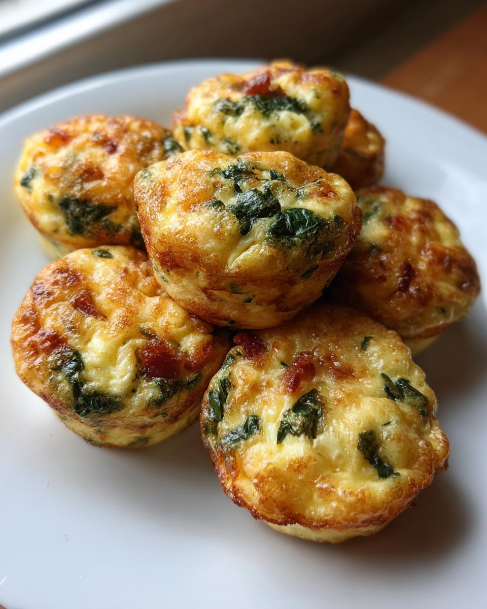 A pile of golden brown, baked egg bites mixed with spinach and bacon served on a white plate.