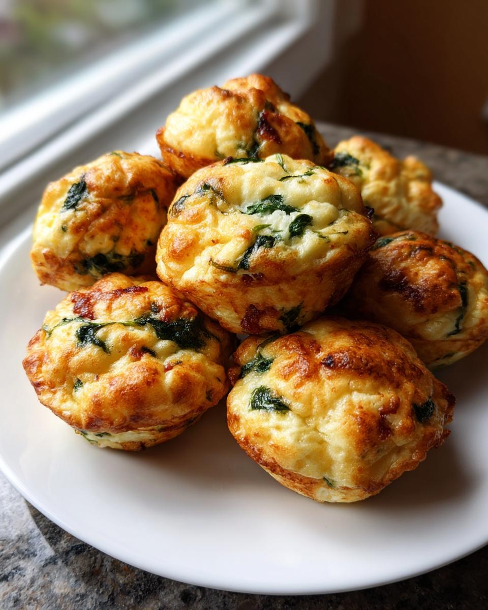 A pile of golden brown, fluffy egg bites with visible spinach, served on a white plate.