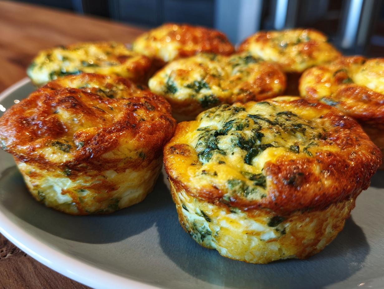 Close-up of several freshly baked, golden brown spinach egg muffin cups on a grey plate.