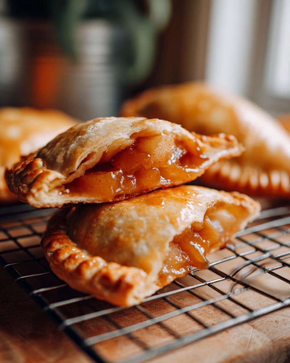 Close-up of a flaky apple dumpling cut in half showing gooey cinnamon apple filling, resting on a wire rack.