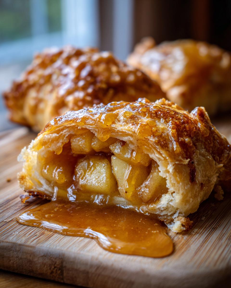 A cross-section of a flaky apple dumpling showing warm, spiced apple filling and gooey caramel sauce.