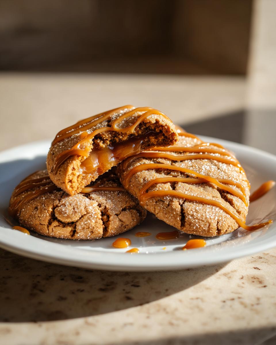 Three soft apple pie cookies stacked on a white plate, one broken open revealing a gooey caramel center and drizzled with more caramel.