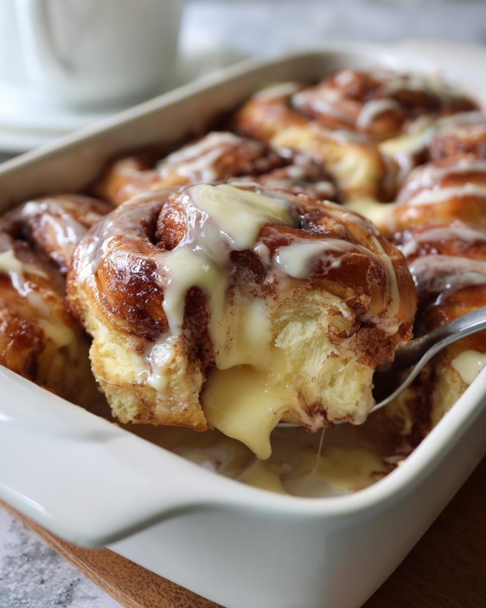 A spoonful of warm Cinnamon roll casserole being lifted, showing a gooey, creamy center and white icing.
